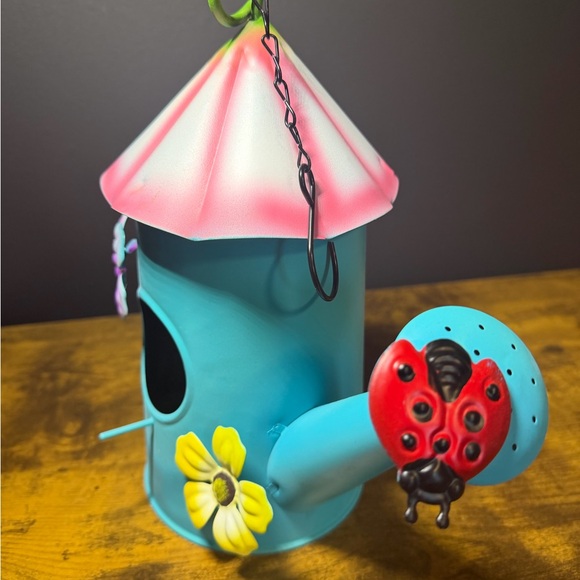 Birdhouse - Watering Can Adorned with Ladybug & Flowrs - Picture 2 of 5